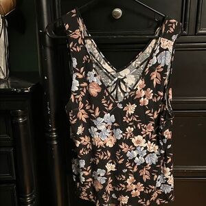 Floral V-Neck Sleeveless Top - Black with Blue & Blush Flowers